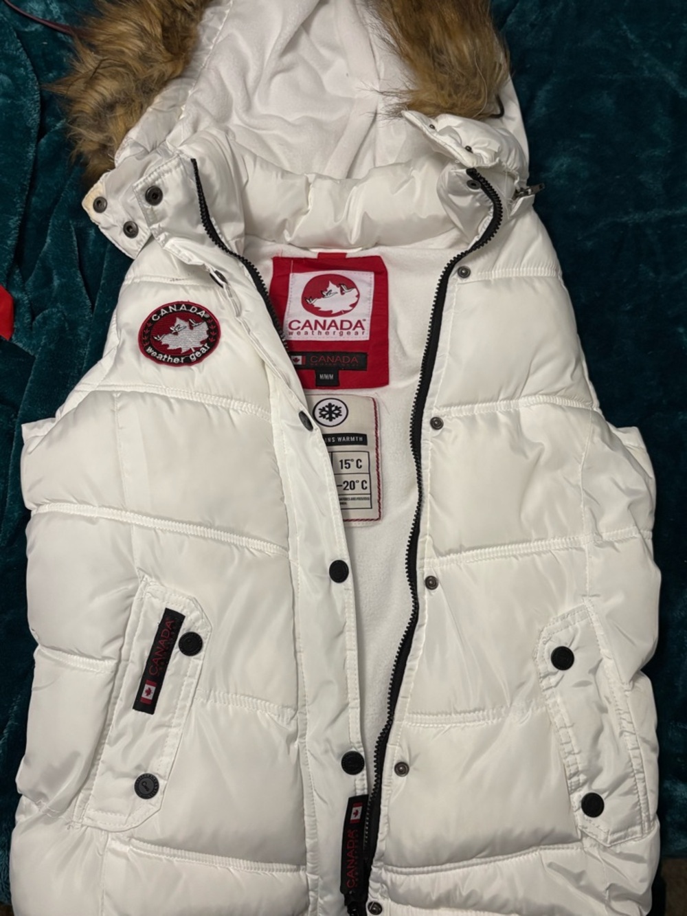 Canada Goose White Quilted Puffer Vest with Faux Fur Trim Hood